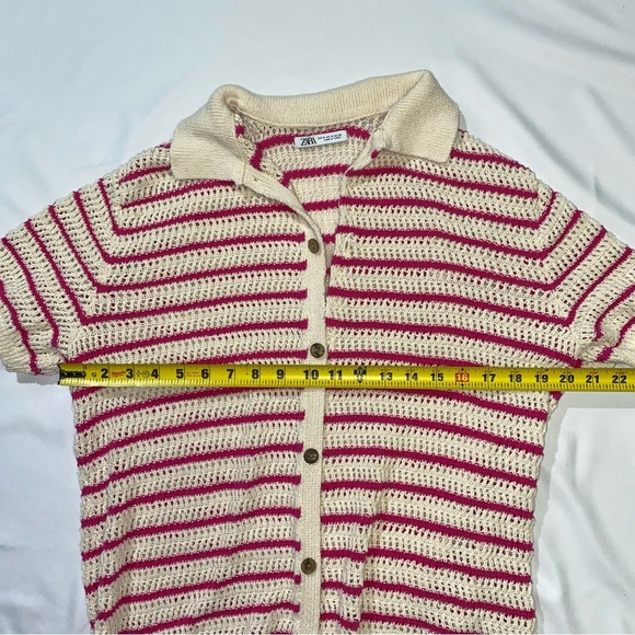 Zara Women's Pink and White Striped Crocheted Button Up Top Size Medium Y2K - Picture 5 of 8